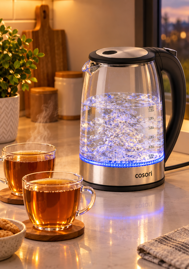 Cozy Tea with a Glowing Glass Kettle