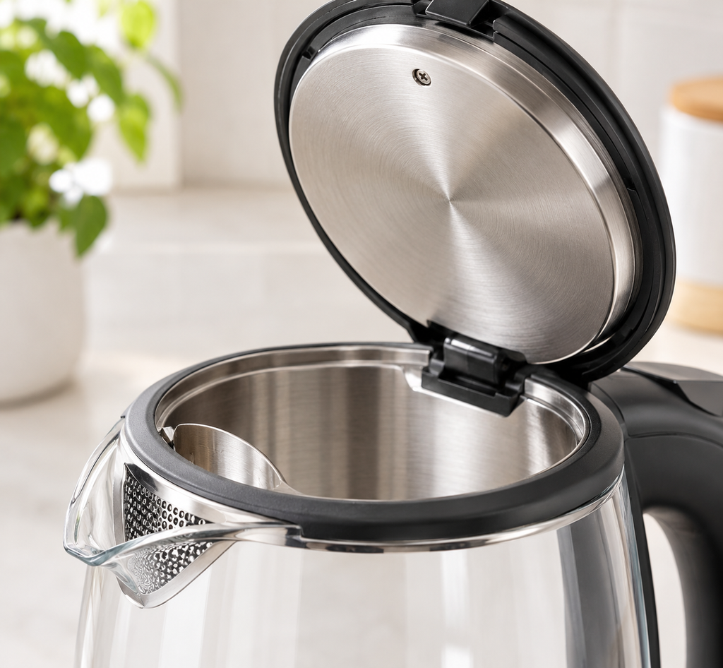 Macro View of Open Glass Electric Kettle Lid